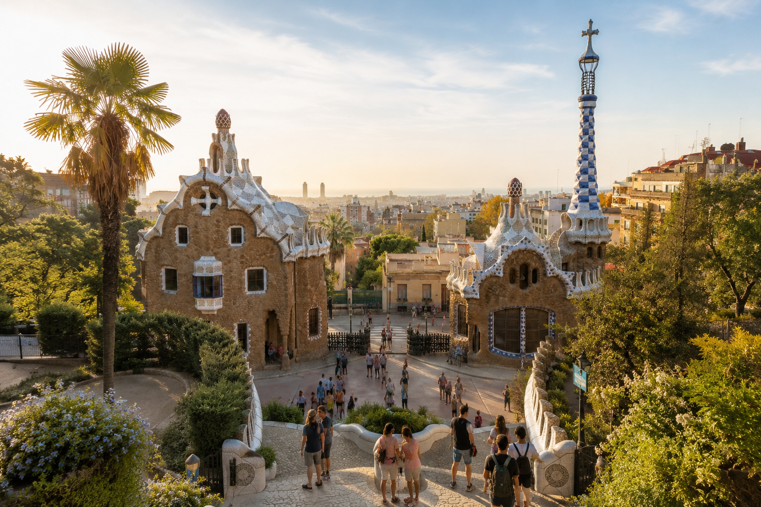 Park Güell entrance in Barcelona with Gaudí’s iconic gatehouses, gardens and visitors exploring the park
