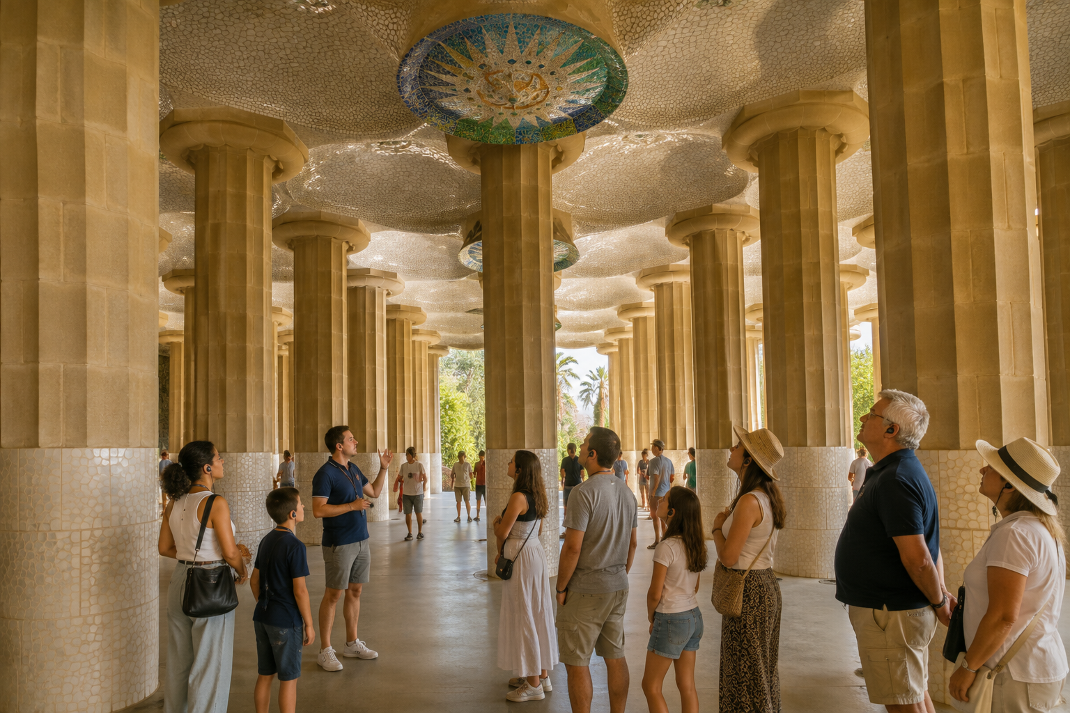 Guided tour inside the Hypostyle Room at Park Güell in Barcelona with Gaudí’s stone columns and mosaic ceiling