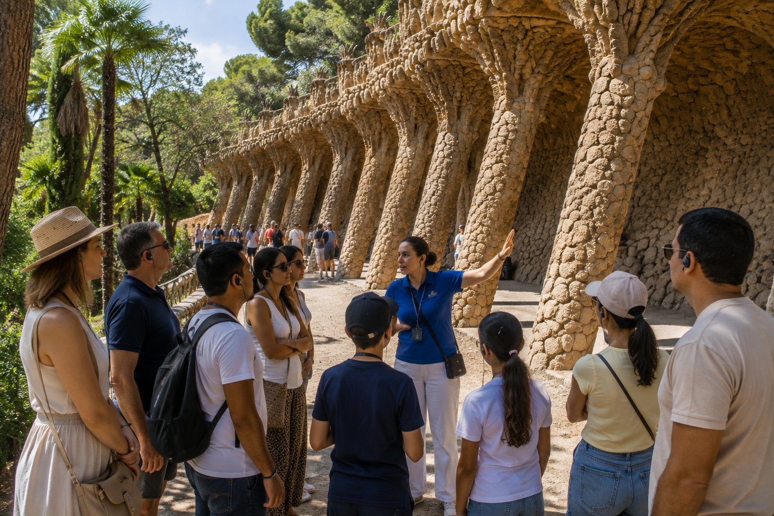 Park Güell guided tour in Barcelona with a professional guide explaining Gaudí’s architecture to visitors wearing headsets