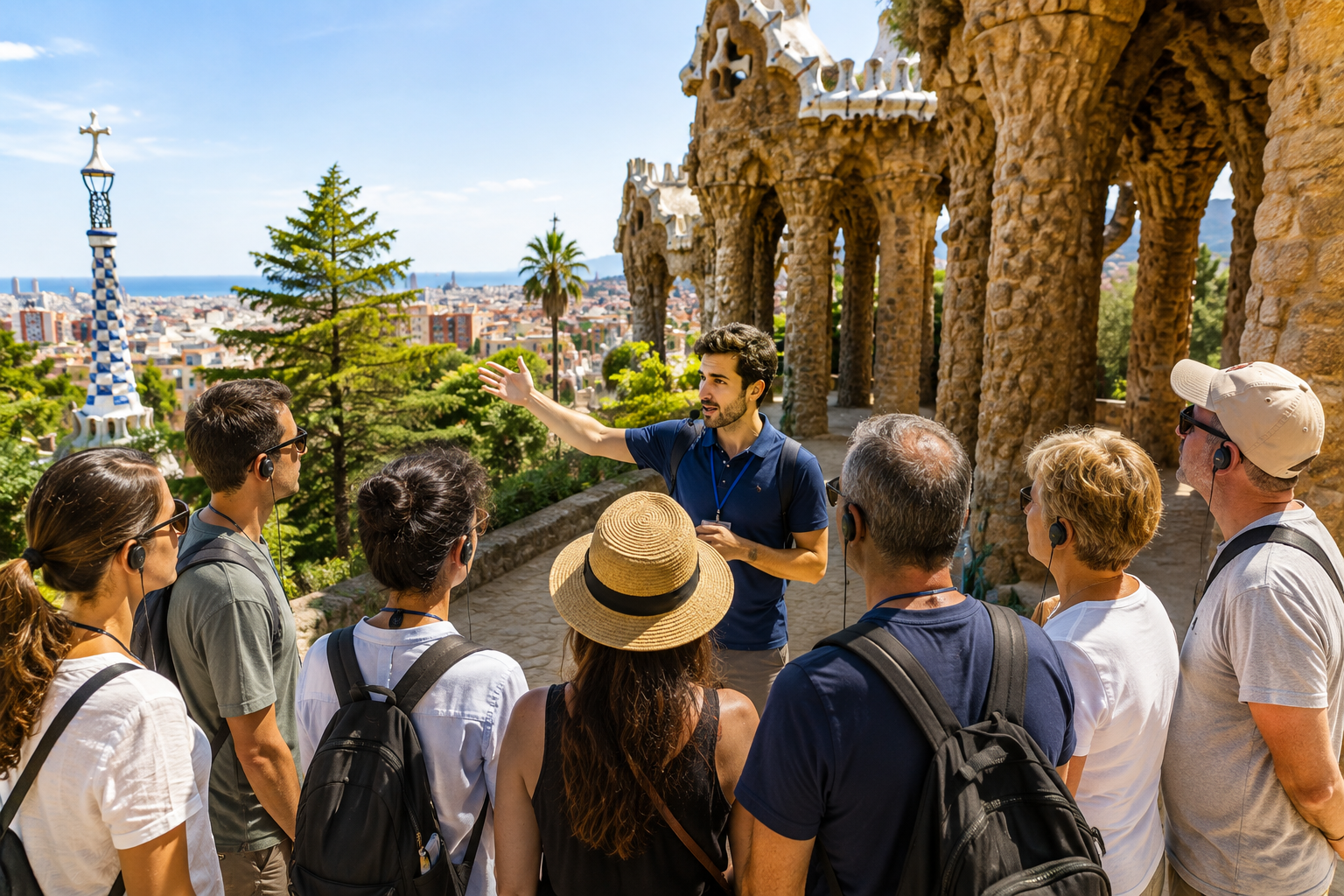Park Güell Guided Tour Experience in Barcelona Park Güell guided tour in Barcelona with a professional guide explaining Gaudí’s architecture to visitors wearing headsets
