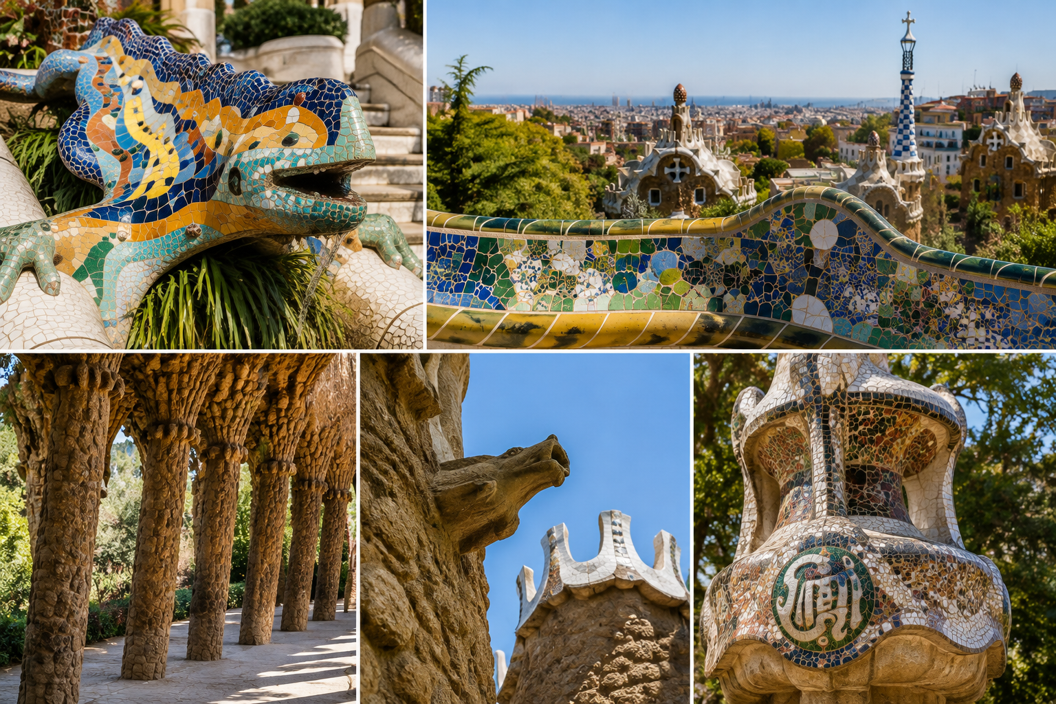 Gaudí Architecture and Mosaic Details at Park Güell Gaudí architectural details at Park Güell in Barcelona featuring trencadís mosaics, El Drac and nature-inspired stonework