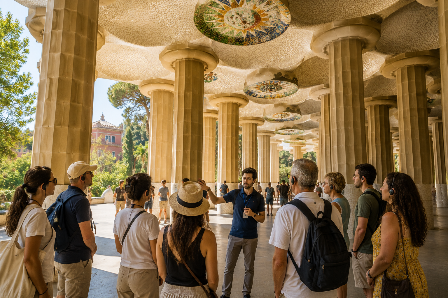 Guided Tour of the Hypostyle Room at Park Güell Park Güell guided tour in Barcelona with visitors wearing headsets as a guide explains Gaudí’s Hypostyle Room
