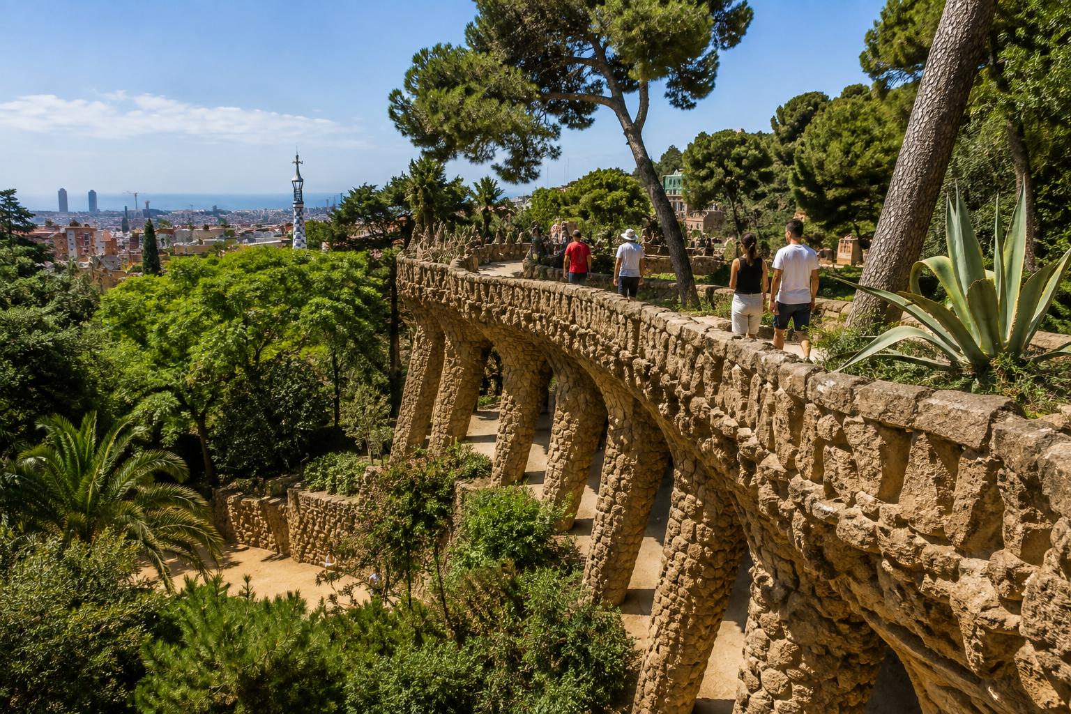 Exploring Park Güell on a Two-Hour Visit Visitors exploring Gaudí’s stone viaduct and green areas at Park Güell in Barcelona during a relaxed two-hour visit