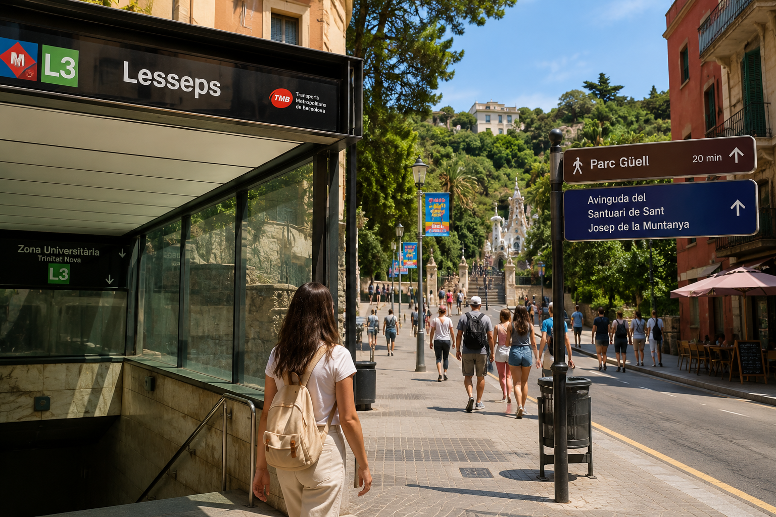 Lesseps Metro station on Barcelona L3 with visitors beginning the uphill walk toward Park Güell