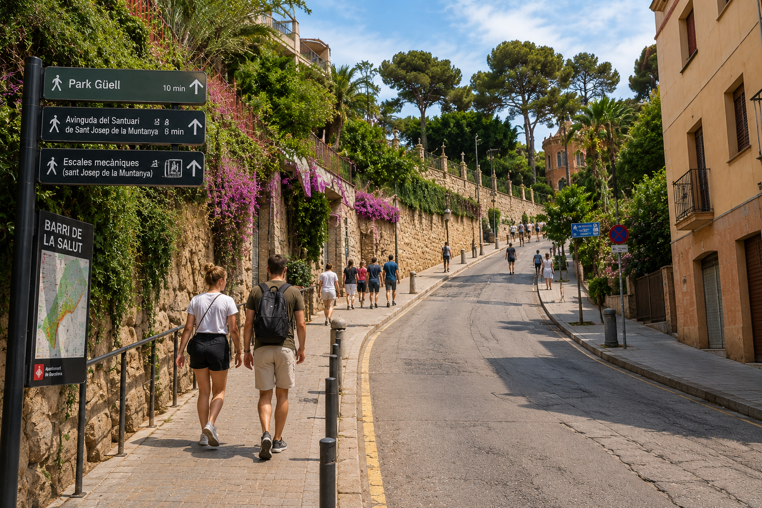 Visitors walking uphill toward Park Güell in Barcelona with signs directing them to the park and Sant Josep de la Muntanya