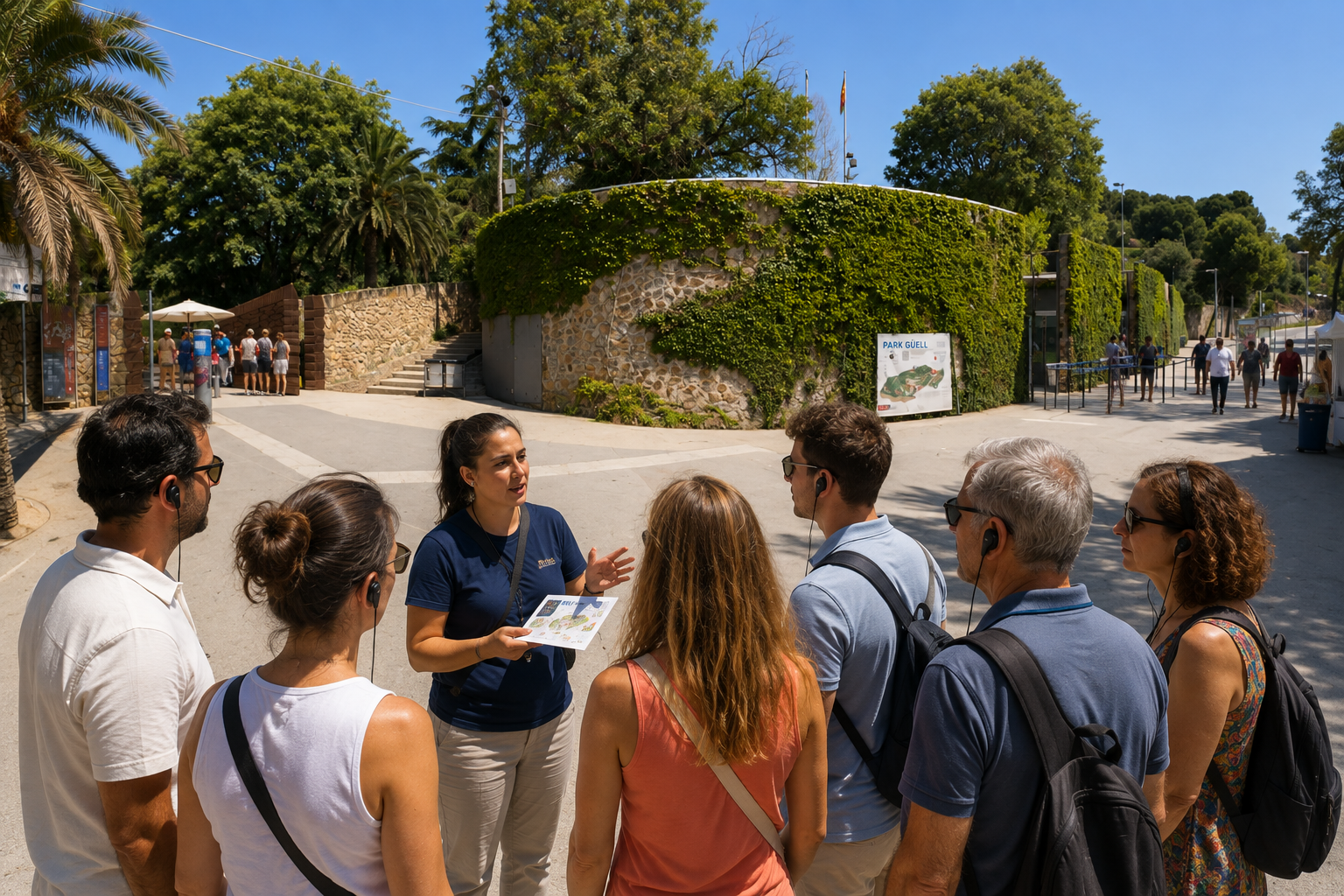 Visitors meeting their guide at a Park Güell guided tour meeting point in Barcelona before the scheduled tour