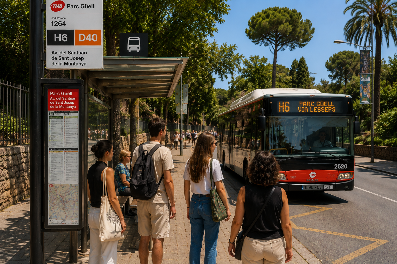 Visitors arriving by public bus near Park Güell in Barcelona at a bus stop close to the park
