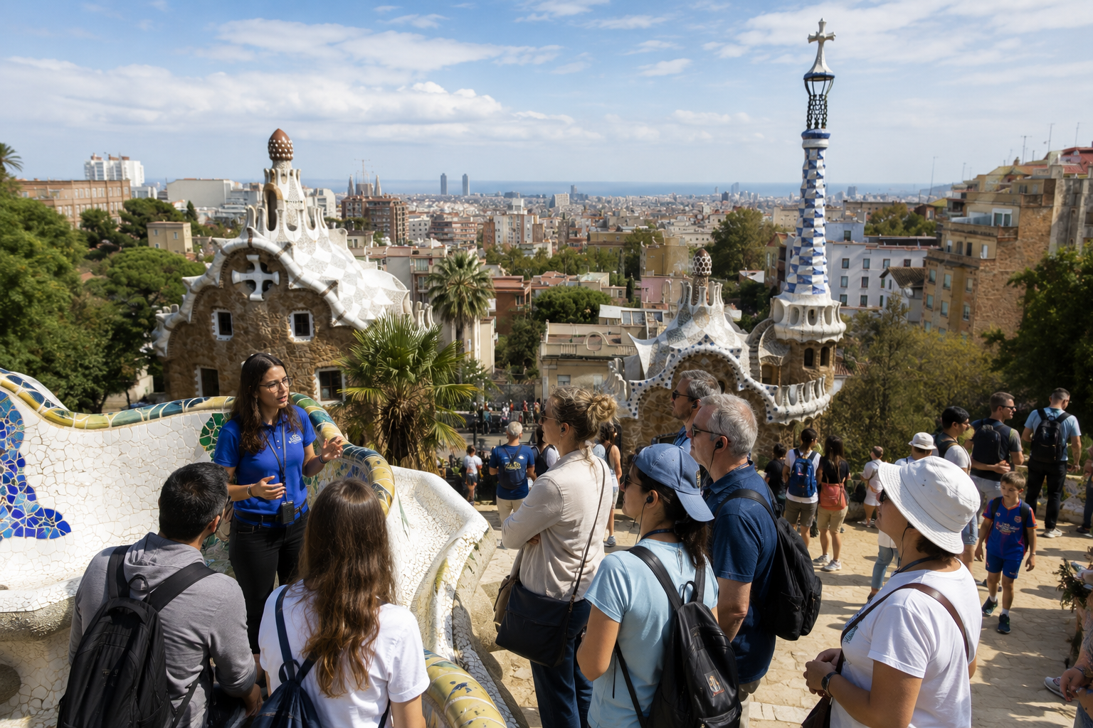 Morning Visit to Park Güell in Barcelona Visitors exploring Park Güell in Barcelona during the morning with Gaudí’s architecture and panoramic city views