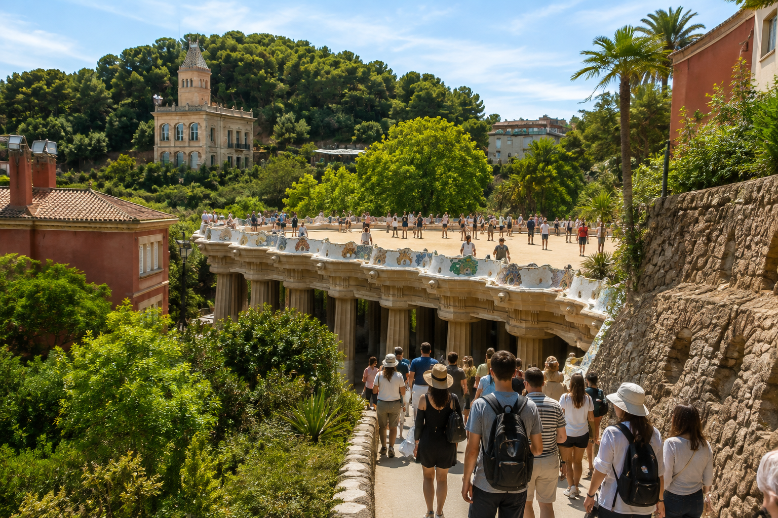 Park Güell in Barcelona During Summer Visitors exploring Park Güell in Barcelona on a sunny summer day with the Hypostyle Room, Nature Square and surrounding greenery