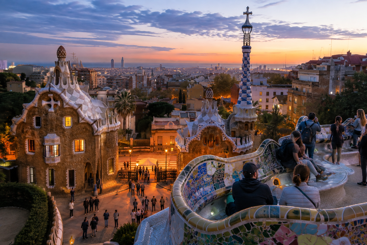 Park Güell in Barcelona in the Late Afternoon Late afternoon view of Park Güell in Barcelona with Gaudí’s architecture, mosaic benches and panoramic city views