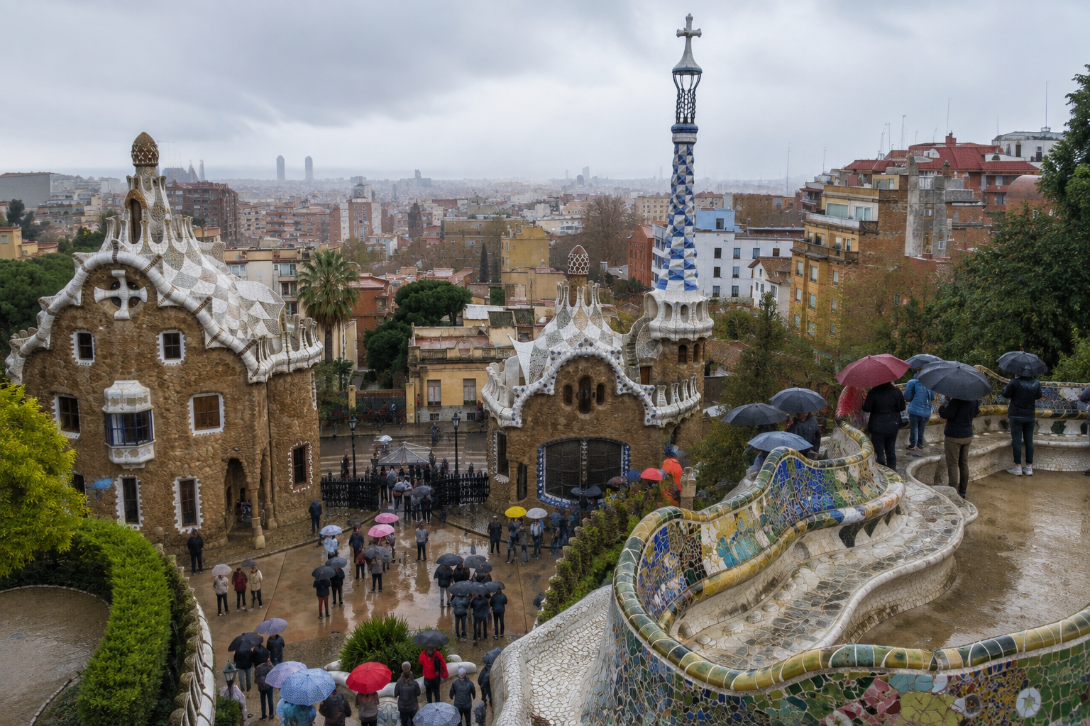 Visiting Park Güell in Barcelona on a Rainy Day Visitors with umbrellas exploring Park Güell in Barcelona on a rainy day with wet pathways and Gaudí’s architecture