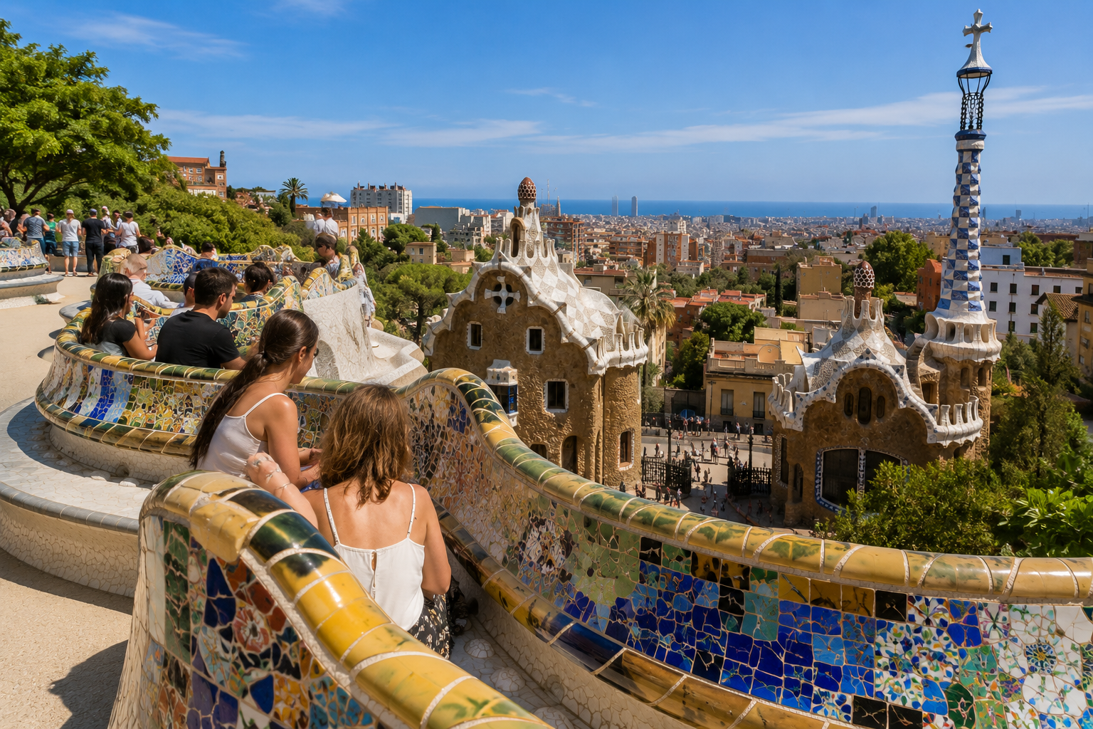 Park Güell Nature Square in Barcelona with Gaudí’s colorful serpentine mosaic bench, entrance pavilions and panoramic city views.
