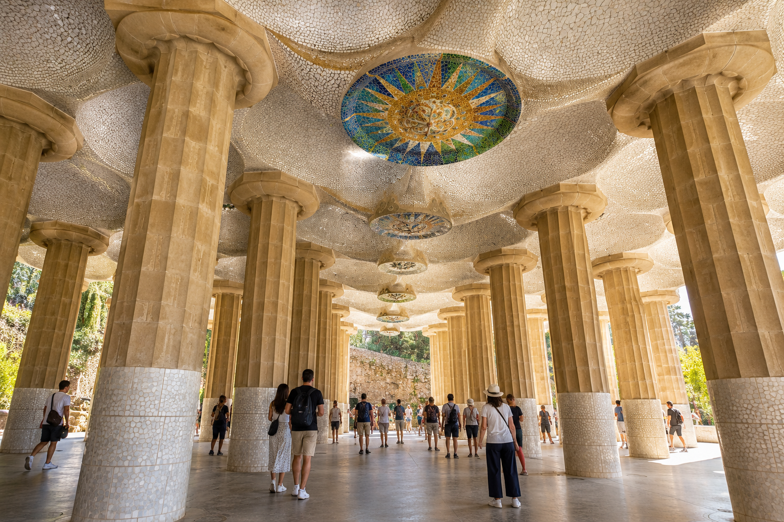 Hypostyle Room at Park Güell in Barcelona with Gaudí’s stone columns and colorful mosaic ceiling decorations.