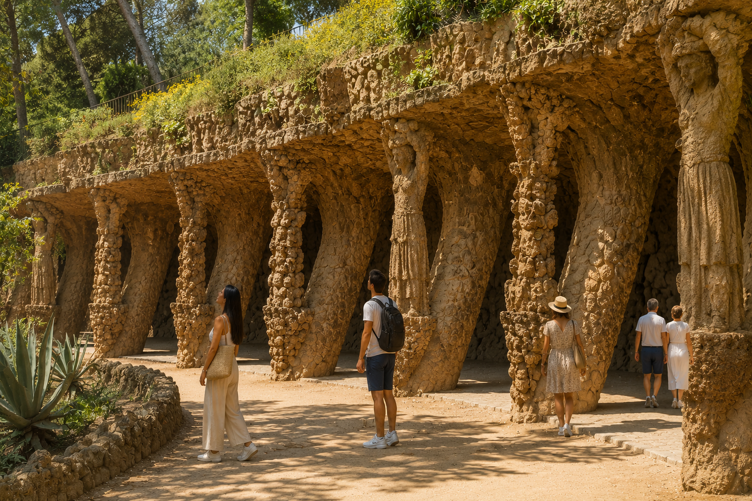 Laundry Room Portico at Park Güell in Barcelona with Gaudí’s leaning stone columns, organic rock architecture and visitors walking through the shaded pathway.