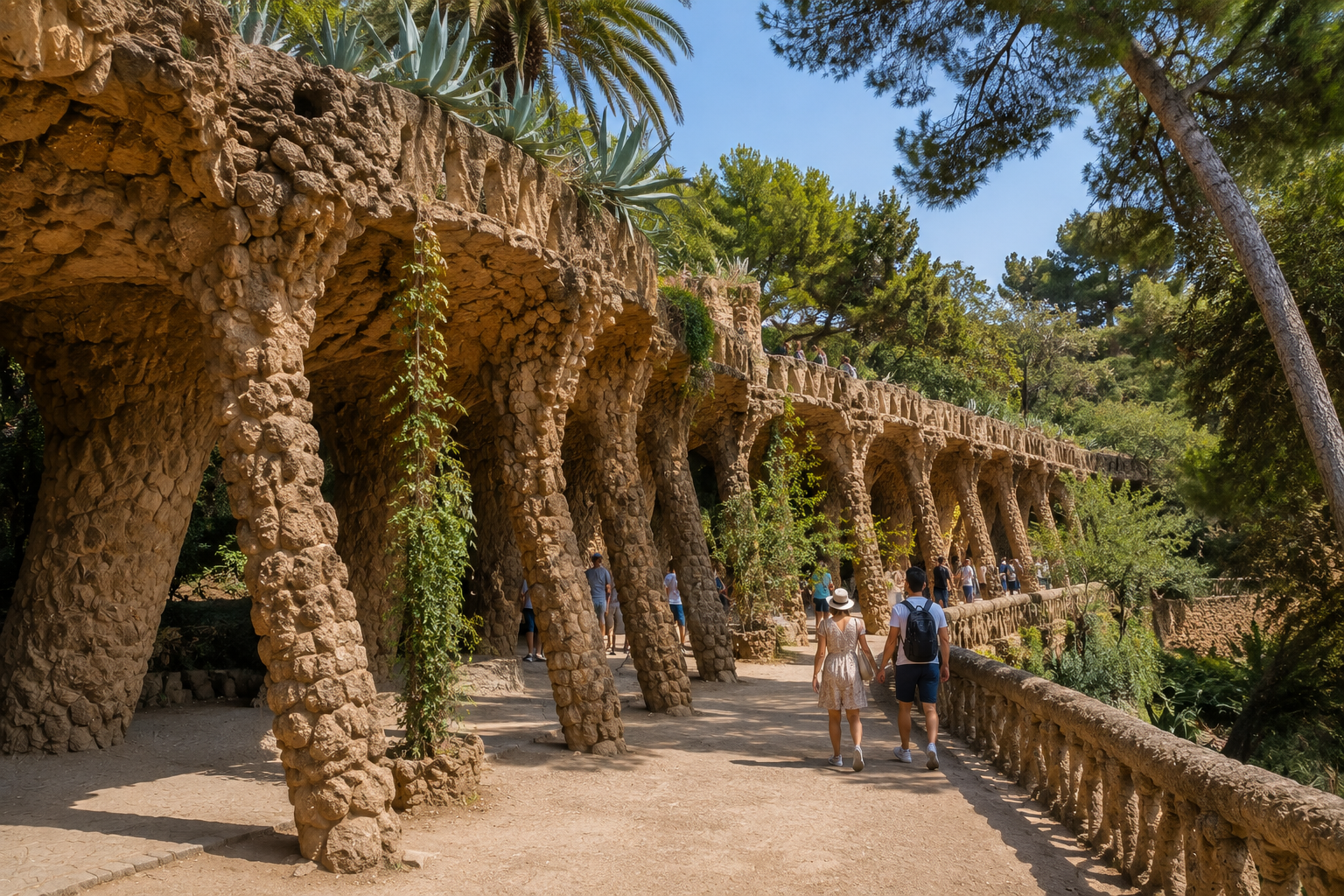 Gaudí’s stone viaducts and walking paths at Park Güell in Barcelona surrounded by Mediterranean trees and greenery.