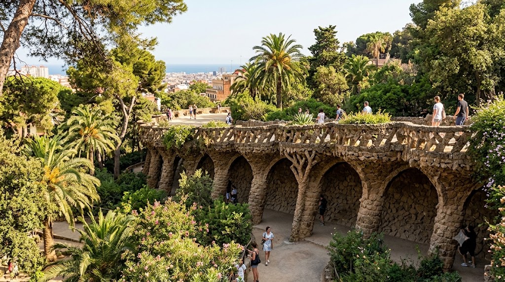 Curved stone viaduct supported by sloping columns among trees at Park Güell in Barcelona.
