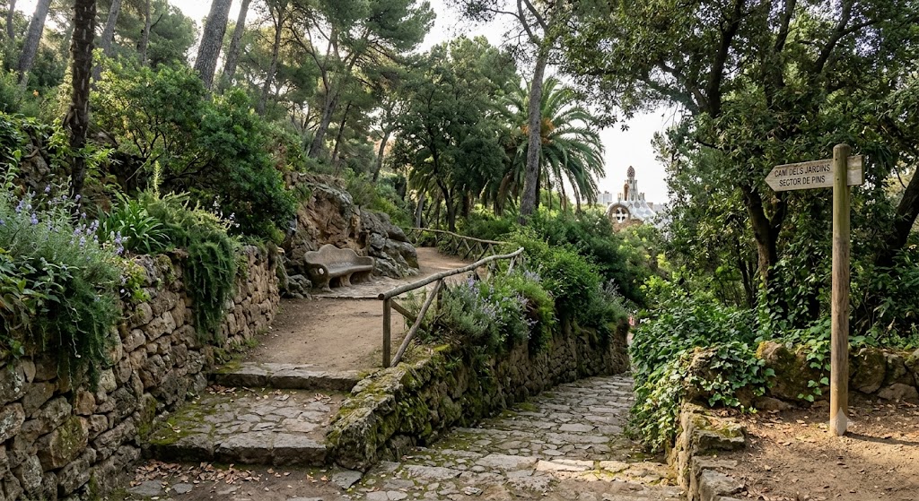 Shaded stone pathway winding through trees and stone architecture at Park Güell in Barcelona.