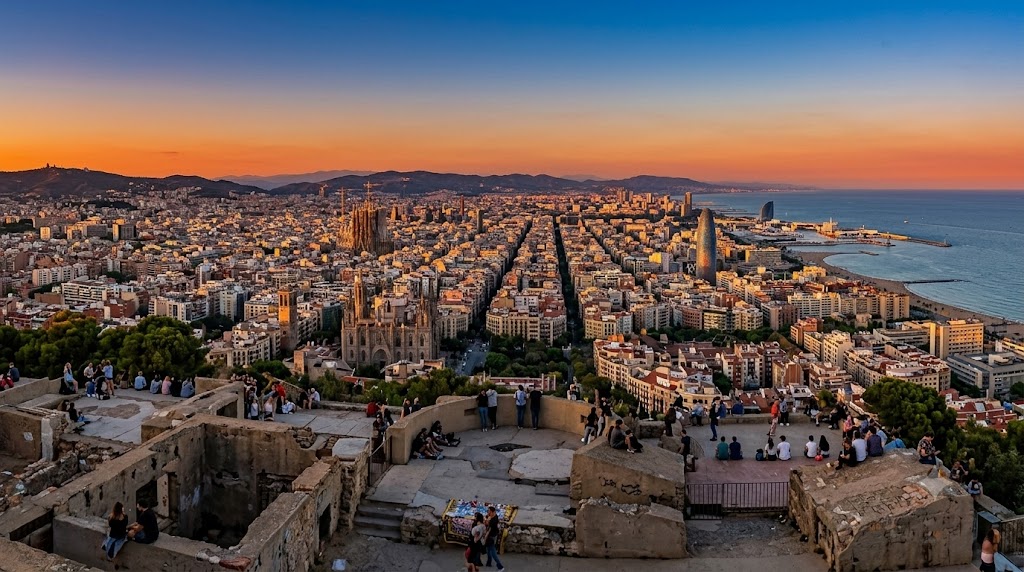 Panoramic Barcelona skyline viewed from Bunkers del Carmel with city rooftops and distant coastline.